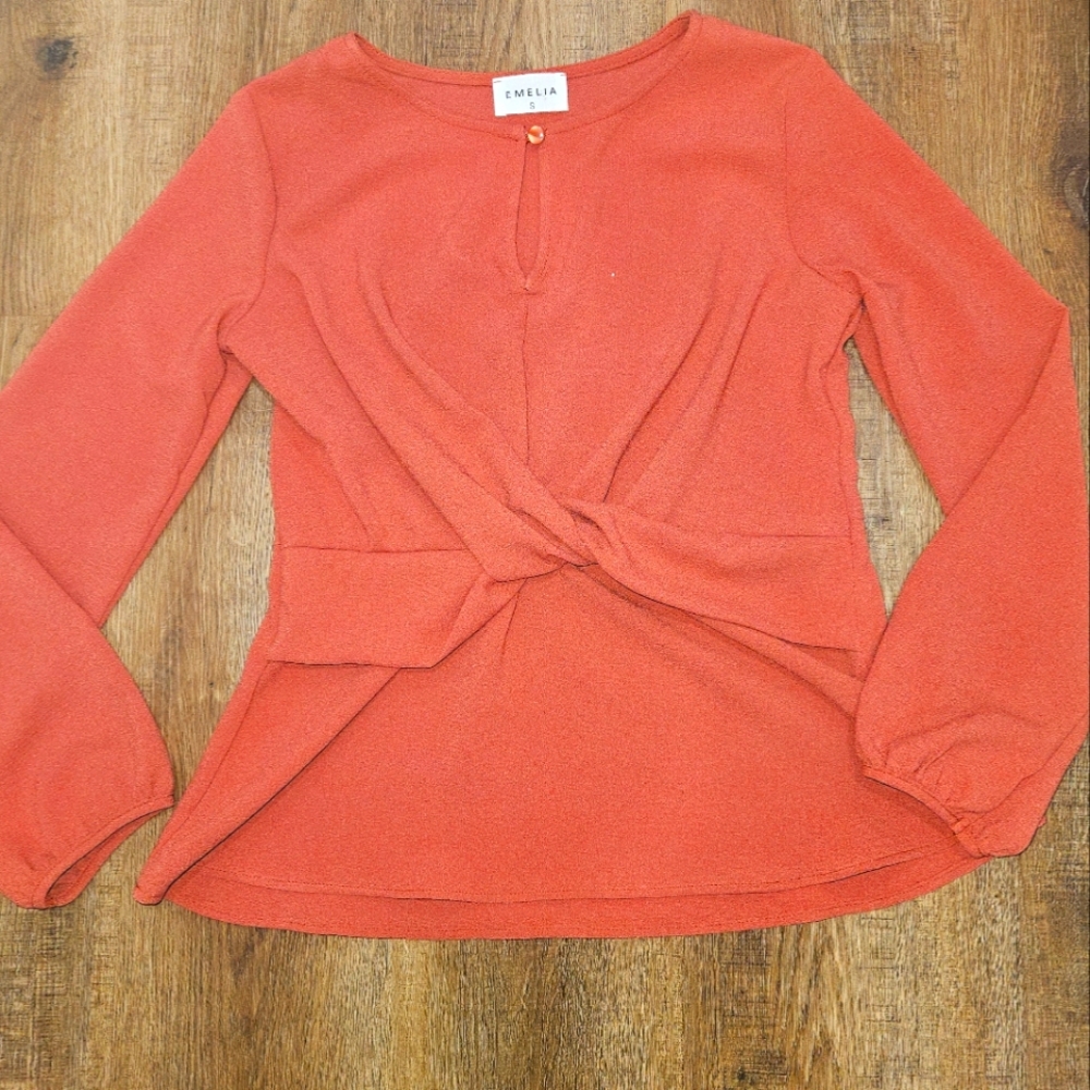 EMELIA Rust Twist Front Peplum Blouse, sz Small